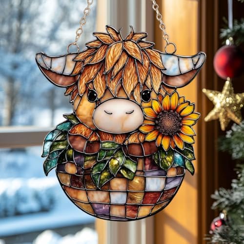 Sunflowers and Highland Cow Tiffany Acrylic Suncatcher by AVAGAN