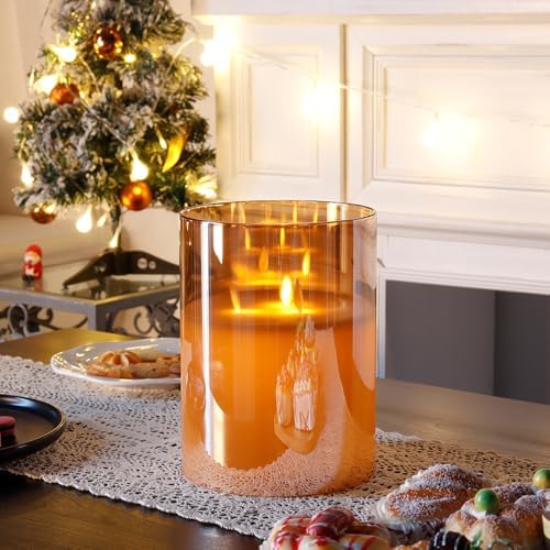 JHY DESIGN Large 3-Wick Glass Flameless Candles 8''H Battery Operated Dancing Flame Flickering LED Pillar Candles with 6-Hour Timer Real Wax Candles for Home Wedding Party Festival（Gold） by JHYDESIGN