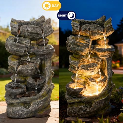 7-Tier Cascading Outdoor Water Fountains with LED Lights, 37.2" H Large Outdoor Waterfalls with Moss & Wood-Look for Garden, Patio, Yard Decor - Image 4