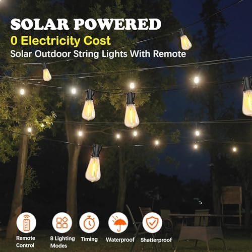 Solar String Lights for Outside 100FT with Remote 8 Lights Mode, Weatherproof Shatterproof S14 LED Bulb 34 Sockets, Outdoor Patio Light for Backyard Porch Cafe - Image 2