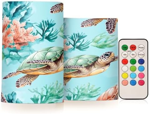 ALAZA Aqua Sea Turtles Corals Flameless Candles, LED Pillar Candles with Remote Timer, Battery Operated Candles Set of 2 by ALAZA
