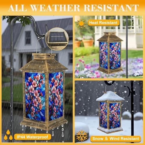 Solar Lantern Outdoor Waterproof Cherry Blossom Branch Pink Flowers Stained Glass Effect Style Blue Garden Decor LED Hanging Solar Lights Tabletop Lamp Gifts for Women Mom Outside Yard Patio Porch - Image 3