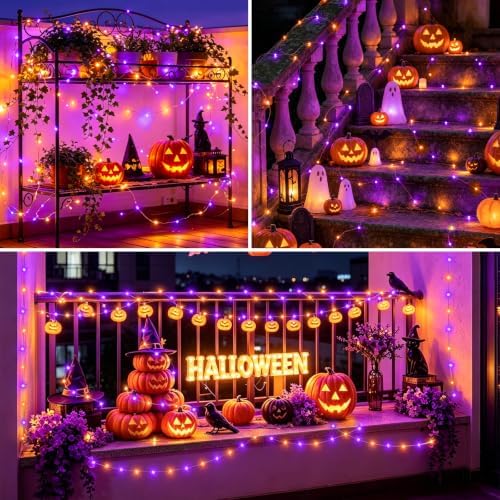 YEGUO 4 Pack Halloween Solar Fairy Lights, Each 33ft 100 LED Orange and Purple Christmas Lights Outdoor Waterproof, 8 Modes Sliver Wire Solar String Lights - Image 7