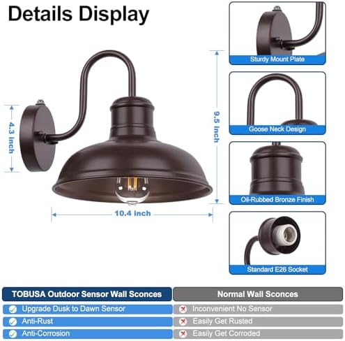 2-Pack Dusk to Dawn Outdoor Wall Sconces, Farmhouse Outside Lighting Gooseneck Barn Lights, Oil Rubbed Bronze Exterior Wall Lights, Anti-Rust Waterproof Outdoor Light for House Porch Garage Entryway - Image 4