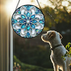 Stained Glass Window Hanging - Blue White Abstract Flowers Suncatcher for Door Terrace Garden Home Decor Boho Sun Catcher Birthday Gifts for Lovers Women Men Dad Mom Nana 9.8 in - Image 3