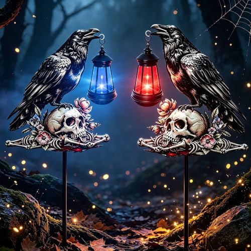 Halloween Decorations Outdoor, Crow Skull with Color Changing Solar Lantern by stadeco