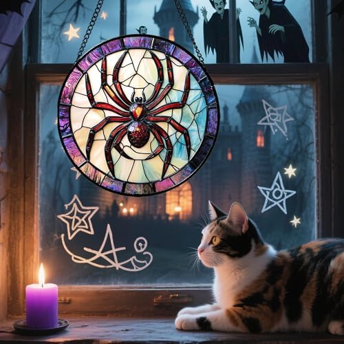 Halloween Spider Stained Glass Window Hanging Decor Gifts for Women 9.8" - Image 2