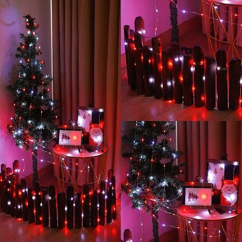 YEGUO 4 Pack Red and White Solar Fairy Lights, Each 33ft 100 LED Christmas Lights Outdoor Waterproof, 8 Modes Sliver Wire Solar String Lights - Image 3