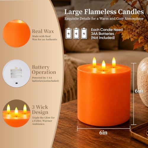 Amagic 3 Wick Extra Large Flameless Pillar Candle with Timer Remote, Orange - Image 5