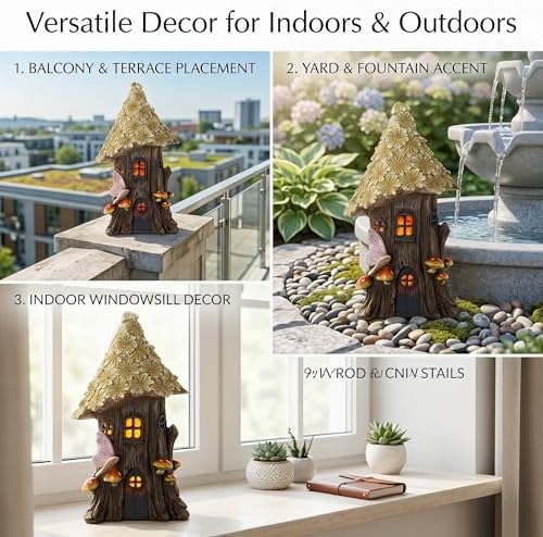 Topadorn Solar Fairy House Garden Statue, 12" Resin Cottage with LED Light - Image 3
