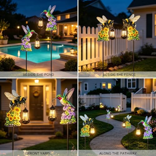 2 Pack Solar Garden Stakes, Metal Hummingbird & Bee Lantern Lights - Image 4