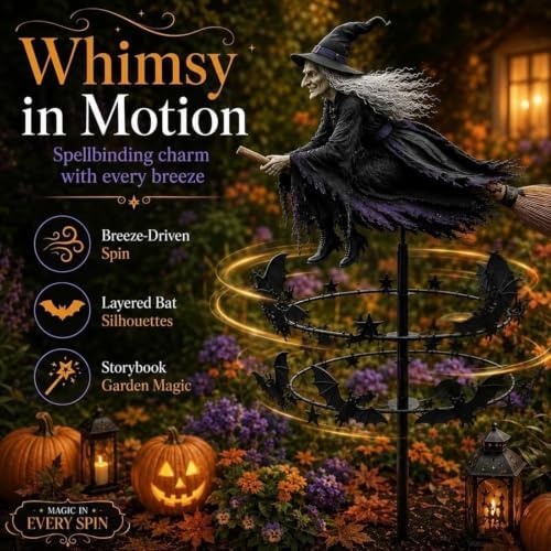 The Enchanted Witch Garden Wind Spinner, Metal Halloween Yard Art, Outdoor Garden Stake Decoration, Halloween Decorations Outdoor with Flying Witch Kinetic Bat Ring, for Garden Patio Pathway (1PCS) - Image 7