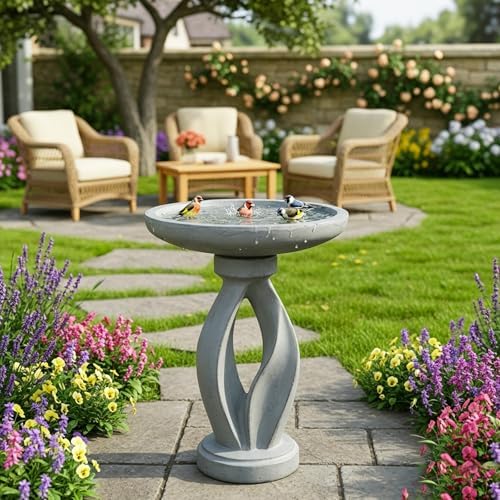 SKYFIRE 21.85 Inch Tall Pedestal Bird Bath, Fibre Reinforced Concrete Birdbath with Twisted Base, Weather Resistant & Durable Bird Bath for Garden Patio Lawn Backyard, Gray - Image 7