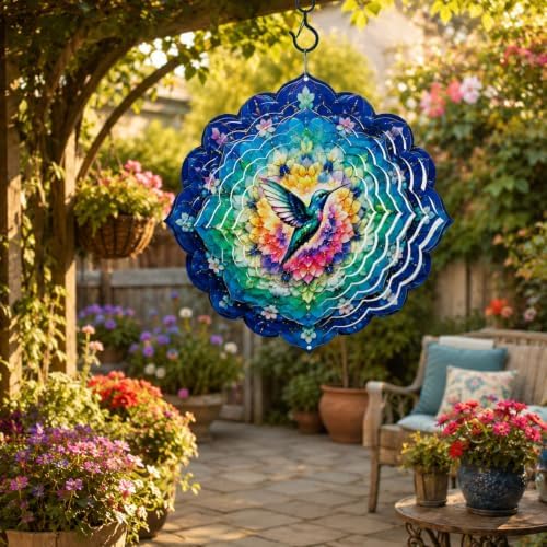 Shwing 12 Inch Wind Spinner Hanging Wind Sculptures Hummingbird Metal Decor Double Sided Outdoor Kinetic Garden Art 3D Wind Spinner Hanging Ornament for Patio Porch Balcony Backyard Tree Decor - Image 4