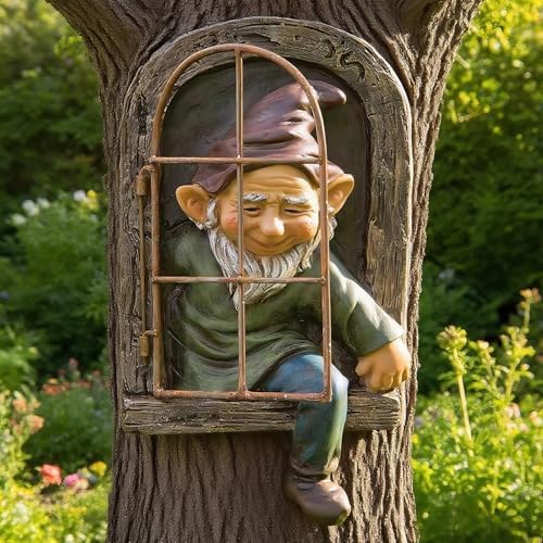 Teaeeno 12-inch Elf Out The Door Tree Hugger, Whimsical Old for Man Resin Statue with Foliage Features, Large Outdoor Tree Hugger for Yard Art, Trees Decorations Outdoor Wallmounted Statue - Image 7