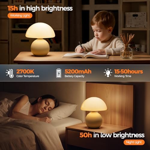 NIORSUN Mushroom Lamp Table Lamp for Bedroom, Portables Cordless Table Lamp,Wireless lamp,Small Bedside Table Touch Lamps for Living Room,Mini Mushroom 5200mAh Battery Operated Lamp Modern Cream - Image 5
