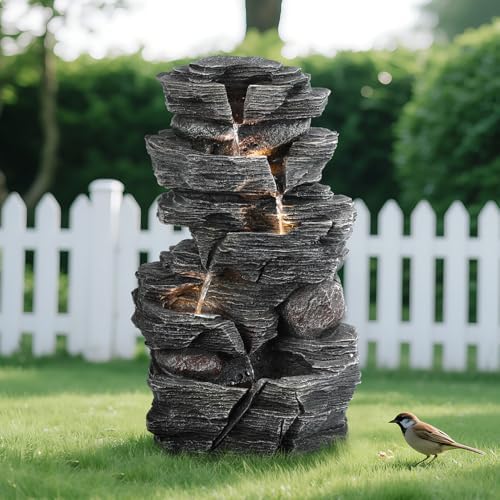 5-Tier Cascading Rock Water Fountain 18''H Outdoor Garden Waterfall with Lights, Outside Patio Water Features Fountain, for Patio, Backyard, Porch and Home Art Decor (Black A) - Image 2
