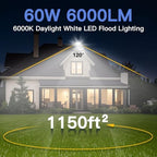 Ceena 2 Pack 60W Plug in LED Flood Light Outdoor, 6000lm Super Bright Floodlight with Switch and 5.9FT Wire, IP66 Waterproof 6000K LED Work Light for Garage, Yard, Patio, Front Door - Image 3