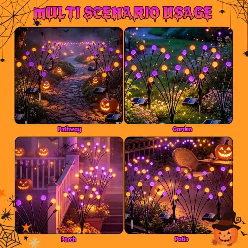VOOKRY 10 Pack Halloween Decorations Outdoor, 60 LED Solar Firefly Lights Outdoor Waterproof Swaying Scary Solar Halloween Lights for Yard Garden Pathway Lawn Party Decor, Orange & Purple - Image 6