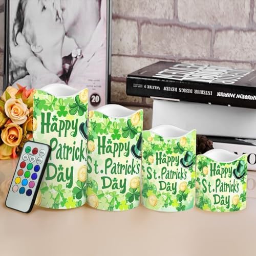 Happy Saint Patrick's Day Flameless Candles LED Pillar Candles Battery Operated Candles with Remote and Timers Color Changing Electric Fake Plastic Candles Green Leaf - Image 4