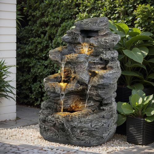Water Fountain Outdoor, Outdoor 5-Tiered Rock Garden Fountains Waterfalls, All-Weather Resistant Water Fountain with Light, Garden Decor for Lawn, Backyard, Gray - Image 4