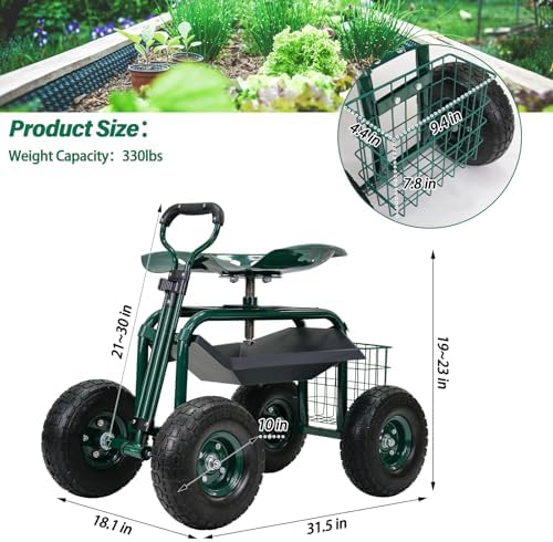 BDL Garden Cart Outdoor Rolling Garden Workseat with Wheels, Heavy Duty Garden Tool Cart with Extendable Handle and Storage for Seniors Yard Gardening Work - Image 3