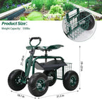 BDL Garden Cart Outdoor Rolling Garden Workseat with Wheels, Heavy Duty Garden Tool Cart with Extendable Handle and Storage for Seniors Yard Gardening Work - Image 3