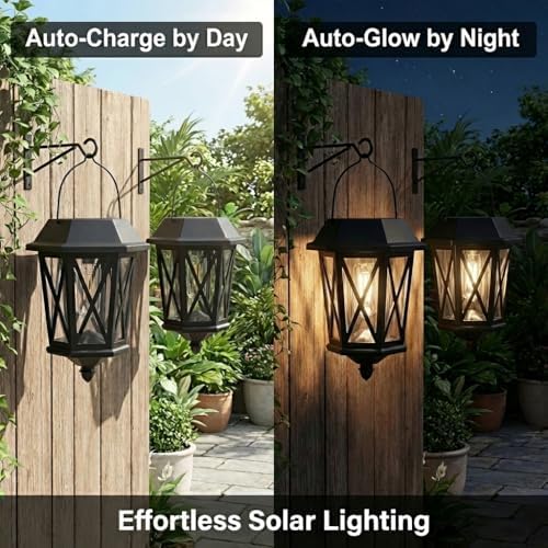 Solar Lanterns Outdoor Waterproof, Hanging Solar Lights with Glass Shade - 2 Pack LED Metal Wall Mount Outdoor Light for Yard/Garden/Patio - Black - Image 3