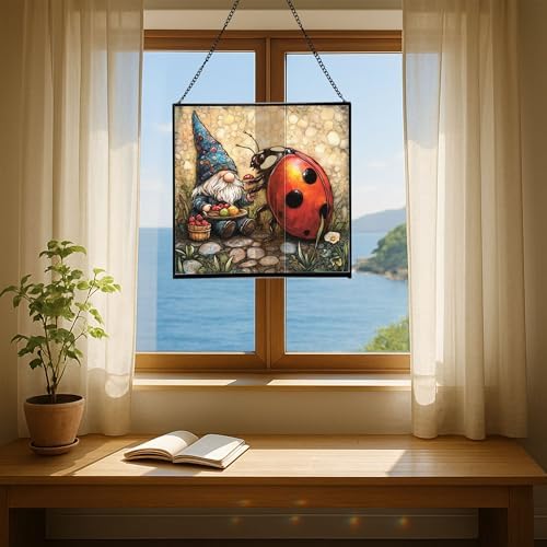 Lady.Bug Picnic Gnome Stained Glass Suncatcher – Square Hanging Window Panel for Home or Greenhouse – Whimsical Glass Art Gift for Garden Lovers, Christmas, Halloween, Father Days Duy7w9 - Image 6