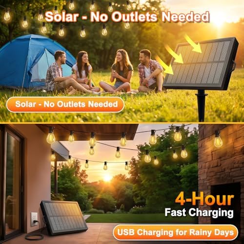 100FT Solar String Lights Outdoor, IP65 Waterproof Shatterproof Dimmable LED Bulbs, Solar & USB Powered, 20+ Hrs Long Lasting, Hanging Lights for Outside Patio, Backyard, Garden, Wedding, Party Decor - Image 3