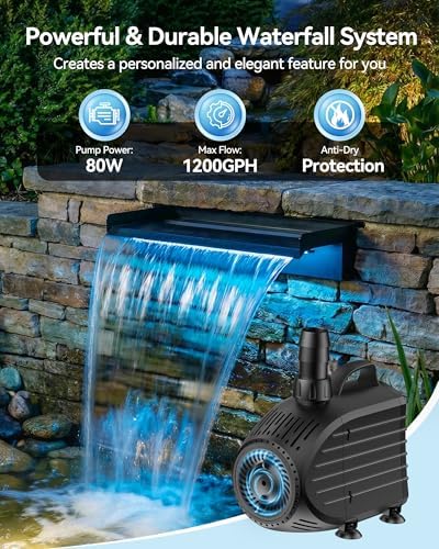 POPOSOAP Pond Waterfall Kit with Colorful LED Lights & 1200GPH Pond Pump, APP & Remote Control, Auto Timer, Pond Waterfall Spillway with 9.8FT Corrugated Tube for Pool, Garden, Patio, Backyard-P46D - Image 3