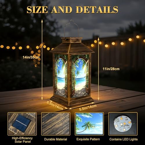 Solar Lantern Outdoor Waterproof Window Beach Sunset Ocean Landscape Palm Tree Tropical Coastal Scenery Garden Decor LED Solar Lights Hanging/Tabletop Lamp Gifts for Women Mom for Outside Yard Patio - Image 2