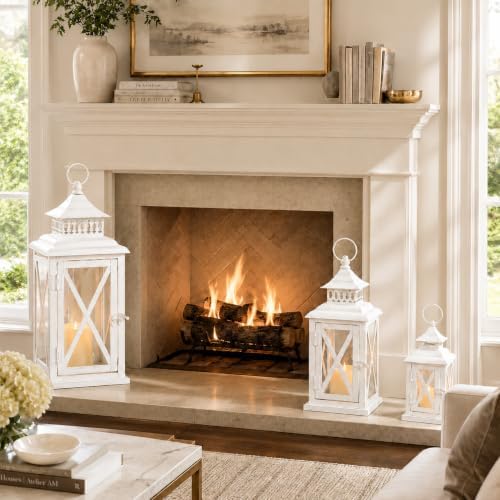 3PCS (20’’&13’’&9’’) Lanterns Decorative Indoor & Outdoor, Vintage White Metal Frame Candle Holders for Front Porch, Patio, Pathway, Balcony, Garden, Yard Decor, Halloween Christmas Decorations - Image 7