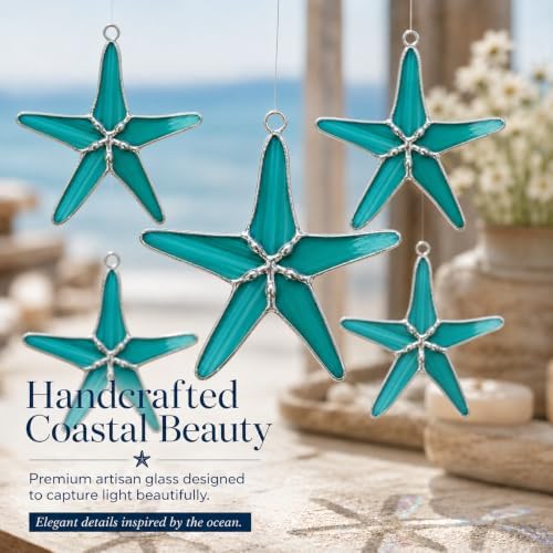 Stained Glass Teal 3 Inch Starfish Suncatcher Set of 5, Coastal Home Decor - Image 3