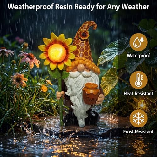 Lyeasw Solar Garden Gnomes Gifts - Garden Gnome Decor Outdoor - 8.3 Inch Honey Pot Funny Figurines for Birthday Anniversary Gardening, Unique Sunflower Decorations for Mom & Grandma Yard Patio - Image 4