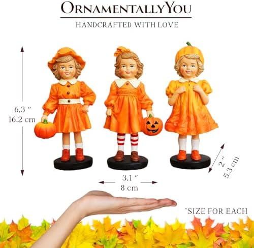 OrnamentallyYou Inviting Pumpkin Girl Trio Set of Figurines, 6" Victorian Autumn Fall and Halloween Table Decoration - Image 4