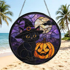 Blact Cat Witch Hat Halloween Stained Glass Suncatcher 9.8" Colorful Window Hanging Ornament, Retro Sun Catcher Decor with Chain for Home Wall Garden Birthday Christmas Mothers Day - Image 3