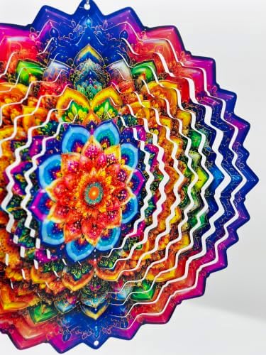 Shwing 12 Inch Rainbow Mandala Wind Spinner Colorful Boho Hanging Decor Vibrant Metal Ornament Outdoor Kinetic Garden Art 3D Wind Spinner for Patio Porch Backyard Decoration - Image 2
