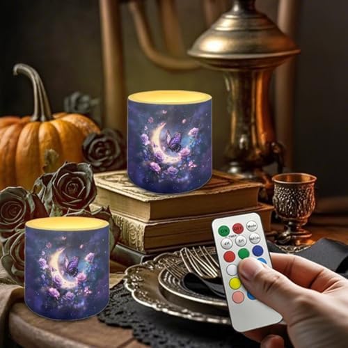 Galaxy Butterfly Rose Moon Flameless LED Lights Candles with Remote Battery Powered LED Votive Candles 4 Pieces for Valentine Party Wedding Birthday Party Outdoor - Image 2