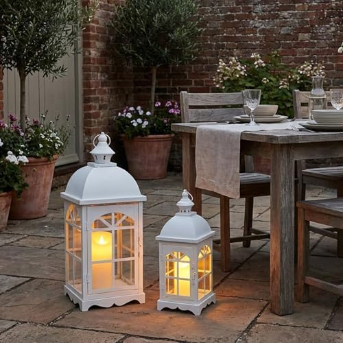 TRIROCKS Set of 2 Decorative Vintage Candle Lanterns 14.5"&20" H Farmhouse Outdoor Hanging Lanterns with Tempered Glass for Porch, Balcony, Patio, Home, Centerpieces, Indoor, Outdoor(White) - Image 5