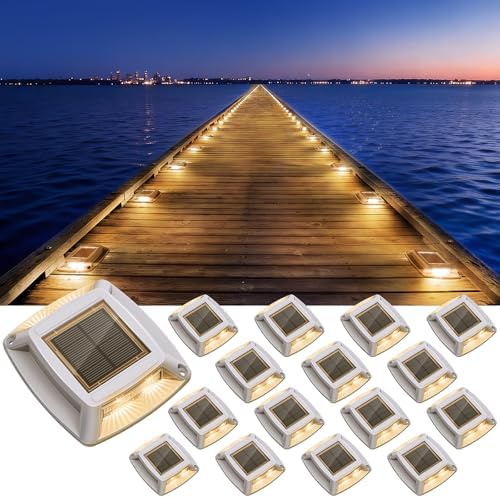 Solar Dock Lights Outdoor 16 Pack, IP68 Waterproof Driveway Lights, Warm by Etetale