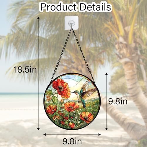 Hummingbird Poppy Stained Glass Window Hanging Suncatcher Gifts Decor 9.8" - Image 7