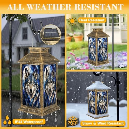 Solar Lantern Outdoor Waterproof Blue Stained Glass Style Wolf Portrait Detailed Fur Eyes Garden Decor LED Hanging Solar Lights Tabletop Lamp Gifts for Women Mom Outside Yard Patio Porch - Image 3