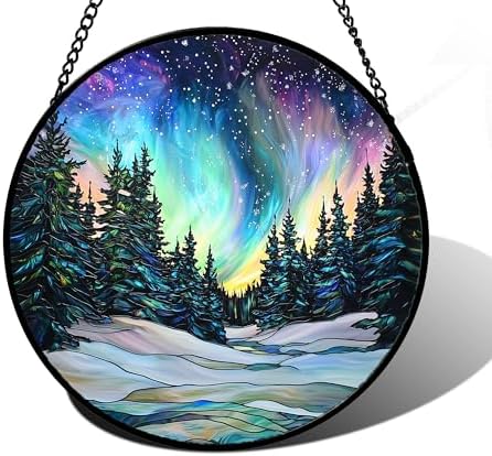 Aurora Landscape Stained Glass Window Hanging Suncatcher Xmas Gifts 9.8" by DASTOLL