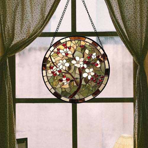 White Flowers Red Berries Stained Glass Window Hanging Suncatcher Gift 15" - Image 4