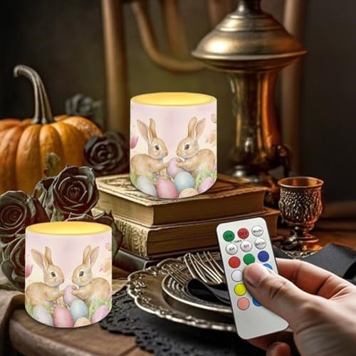 Pack of 4 Easter Day Flameless Candles with Remote Battery Operated Candles with Timer Flickering LED Elictric Pillar Tealights for Party Decorations, Easter Egg Bunny Tulip - Image 4