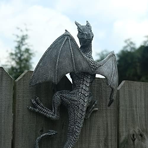 Dragon Winged Gargoyle Fence Hanger Outdoor Wall Decor- Detailed Fence Topper Hanging Statue- Gothic Climbing Grotesque Dragon for Garden, Patio, Porch (14 Inch) - Image 2