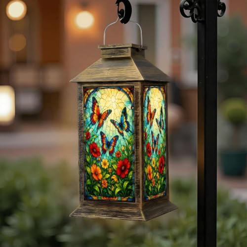 Solar Lantern Stained Glass Art Vibrant Outdoor Waterproof Garden Hanging Lantern Solar Powered Lighting Outside Solar Light for Patio Yard Camping, Gifts for Women Mom - Image 6