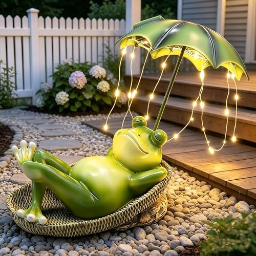 6.7" Solar Frog Statue Light Up Umbrella IP65 Waterproof Garden Decor by ASDFG