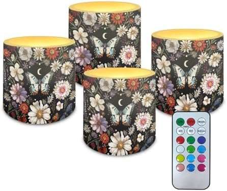 4 PCS Flameless LED Candle with 4H 8H Timer Remote Retro Butterfly Moon Flower Electric Pillar Candle with Color Changing Control for Room Fall Wedding Christmas Decorations by Unknown